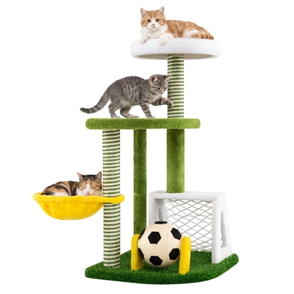 Gymax Modern Cat Tree Cat Tower w/Perches Hammock Sisal Scratching Post Soccer Ball Green & Yellow & White