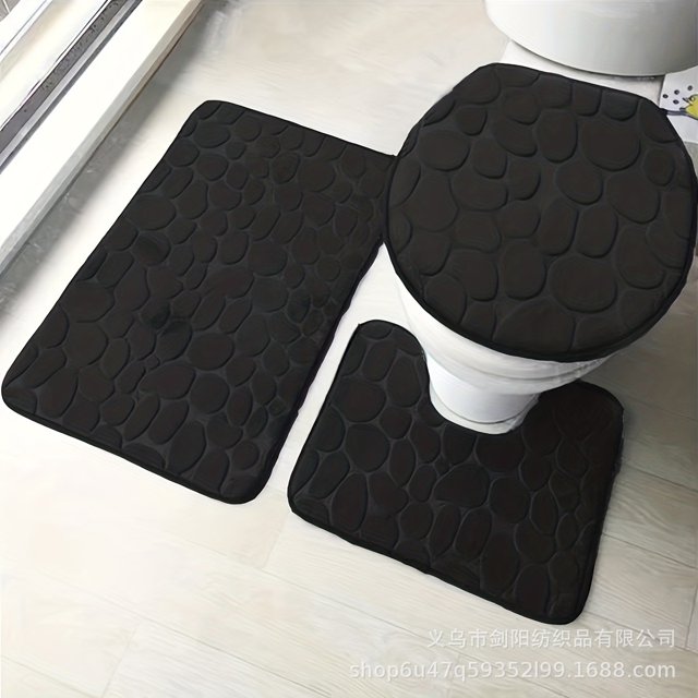 Nvzi 2 juegos de tres piezas de terciopelo coral para inodoro, juego de tres piezas de almohadillas para inodoro, alfombrilla de baño absorbente de agua, limpia y reutilizable para ducha (negro)