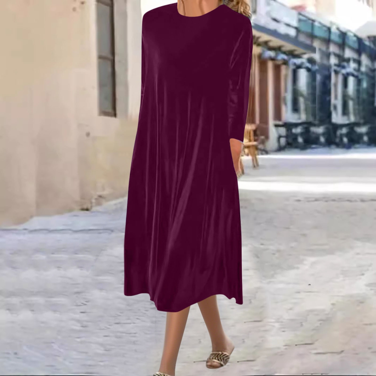 Arnsht Velvet Dress for Women Casual Crewneck Shirt Dresses Elegant Fall and Winter Solid Color Long Sleeve Maxi Dress Red XL