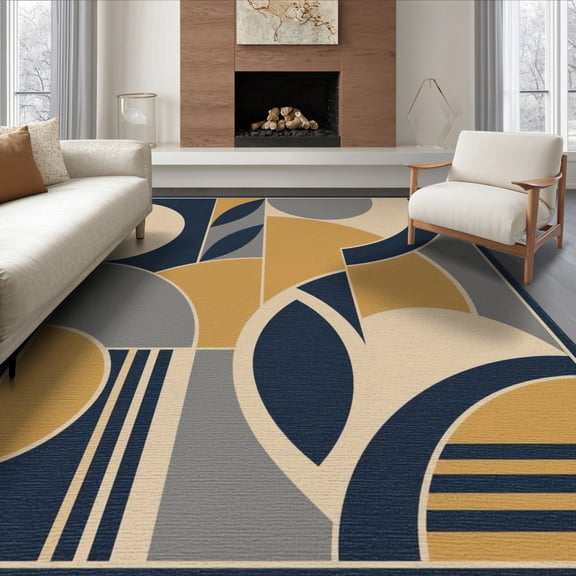 ODIKA 8'x10' Washable Area Rug Durable, Non-Slip Navy and Mustard Geometric Design Bold Abstract Shapes with Modern Flair for Living Room, Under Sectional, Family