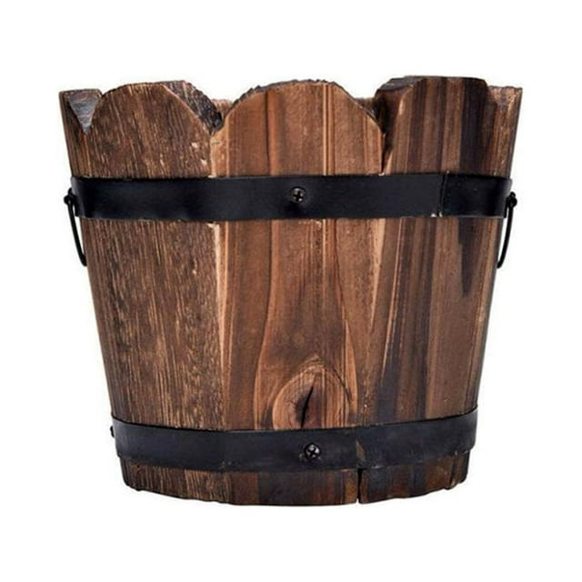 POINTERTECK Rustic Wooden Whiskey Barrels Bucket with Handle Flower Planter Plant Pots Boxes Container Water Wishing Well Pail Patio Garden Backyard Primitive Planter Outdoor Indoor Home