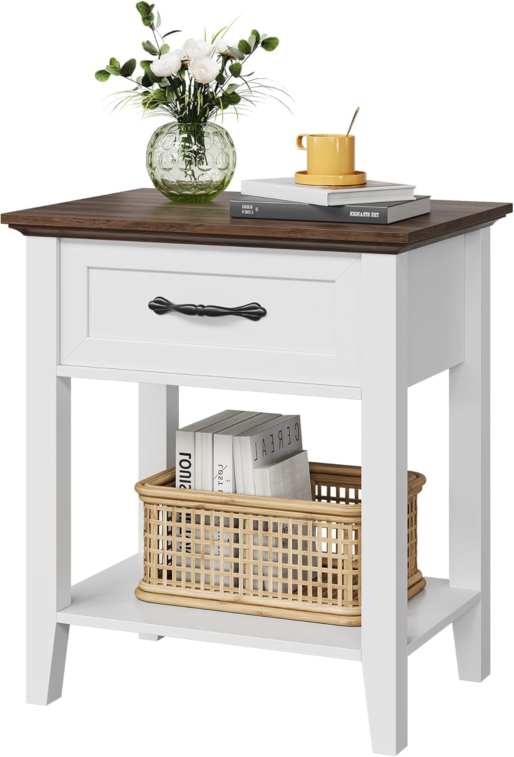 Homhougo Nightstand Set of 2 with Drawer & 2 Tiers Storage Shelves, End Table with Handle for Bedroom, Living Room, Easy Assembly