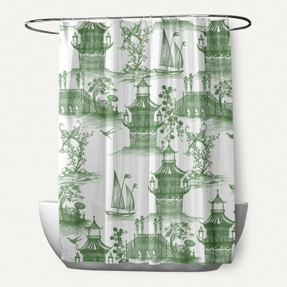 Simply Daisy 70" W x 73" L China Old Polyester Shower Curtain, Green [1 Ct]
