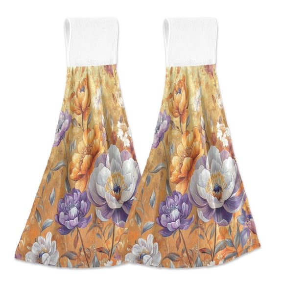 BZSMCE Hanging Hand Towels Fashion Golden Blossom Garden Pattern 2-Pack - Velcro Style Bathroom Kitchen Towels