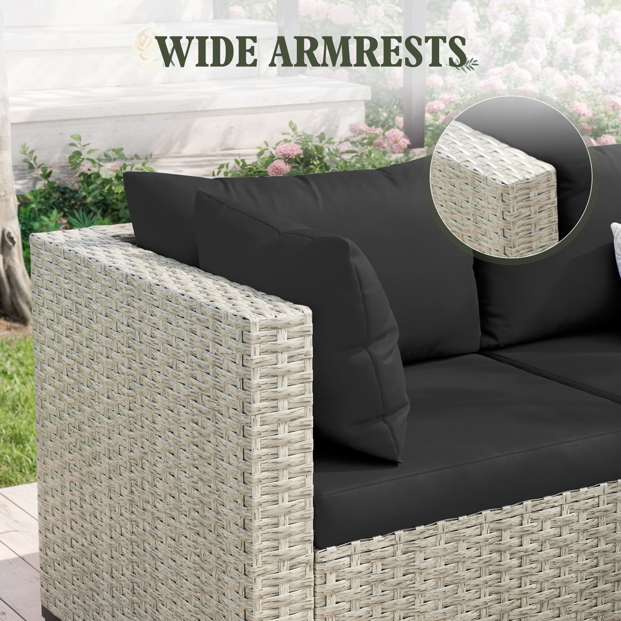 Amopatio 7 Pieces Patio Conversation Set, Outdoor Sectional PE Rattan Wicker Furniture Seat,BLACK
