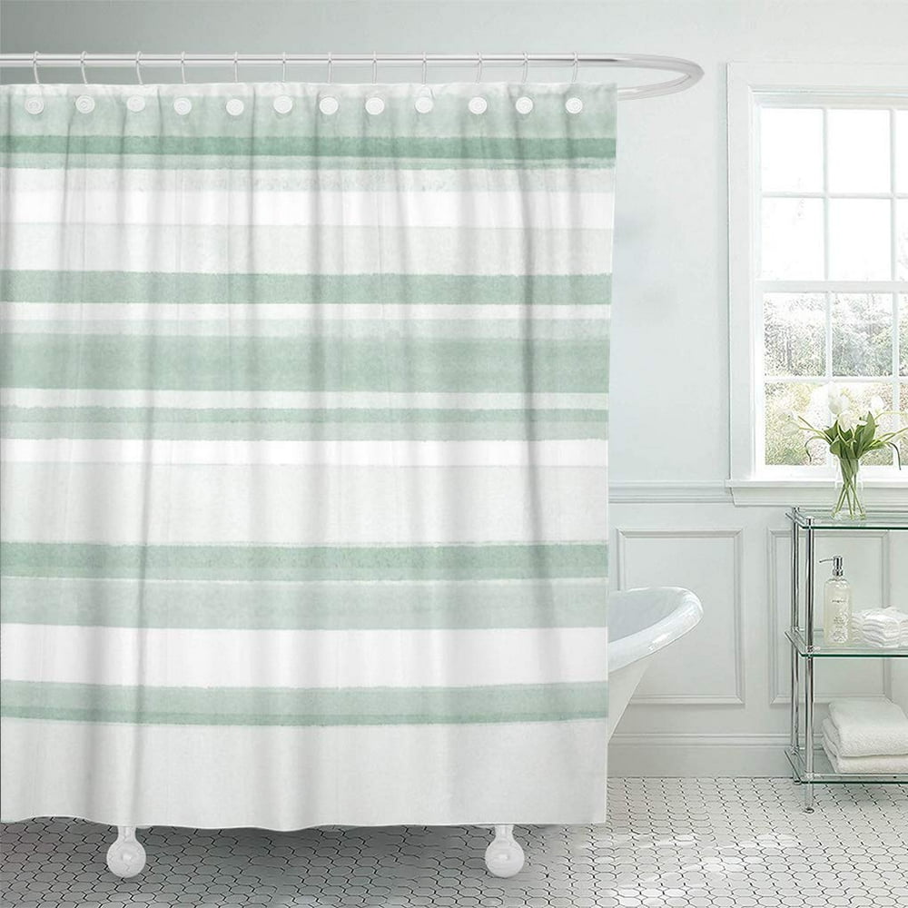 SUTTOM Green Pattern Sage Watercolor Stripes Mint White Modern Shower