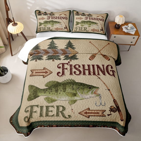 Feelyou Tribal Western Country Fishing Twin Quilt Set for Men Boys, Vintage River Animal Twin Coverlet Set, Brown Green, 2pcs