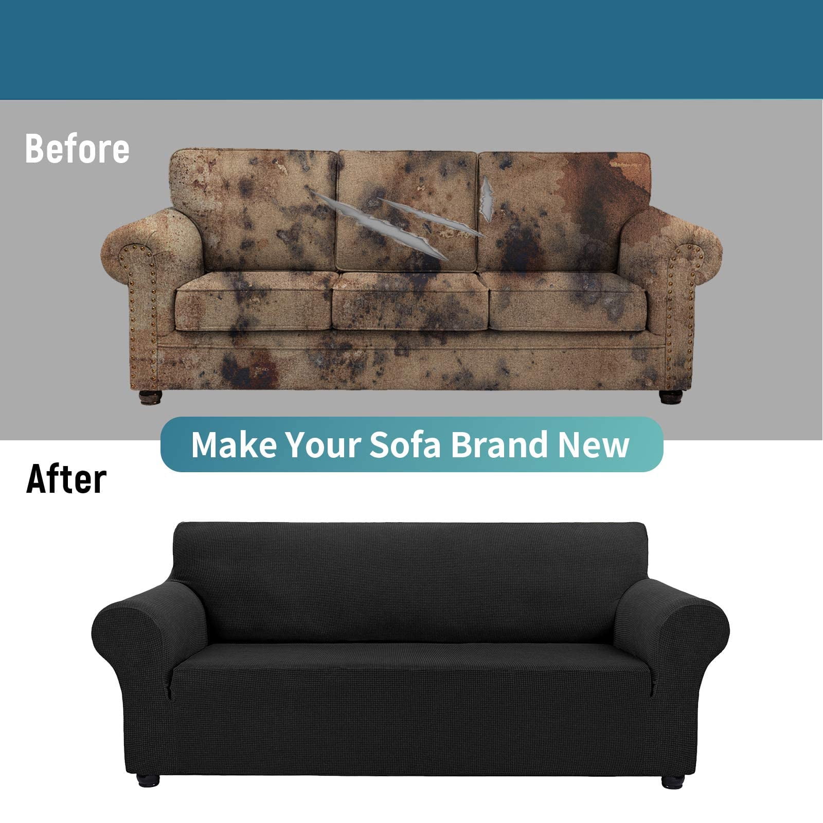 Stretchable Sofa Cover for 3 Seat Couch, Jacquard Fabric Pet Friendly Slipcover, Washable Anti-Wrinkle Protector, Fits 62"-80" Seat Area, Black