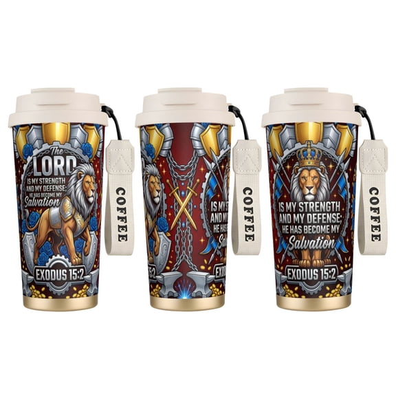 1pc Lion Coffee Mug 18oz "The Lord is My Strength" Bible Verse, Leak-proof Religious Travel Tumbler