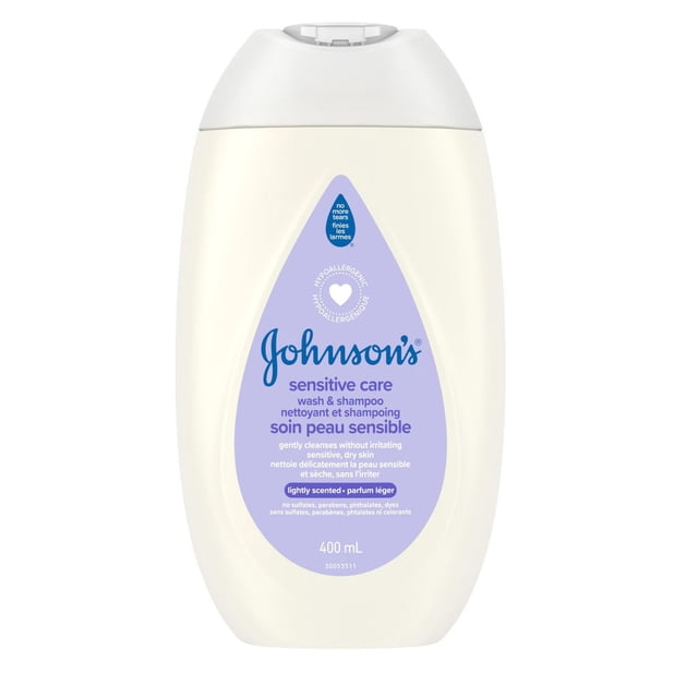 Johnson’s Sensitive Care Baby Wash & Shampoo 400 mL bottle with white body and light purple water droplet label, featuring a hypoallergenic, tear-free formula that gently cleanses and moisturizes sensitive, dry baby skin without sulfates, parabens, phthalates, or dyes.
