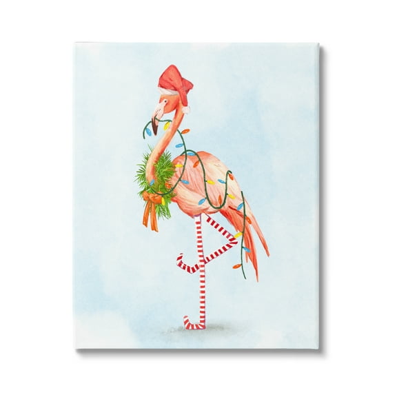 Festive Flamingo Christmas Lights Wreath Striped Stockings Coastal Painting Gallery-Wrapped Canvas Print Wall Art