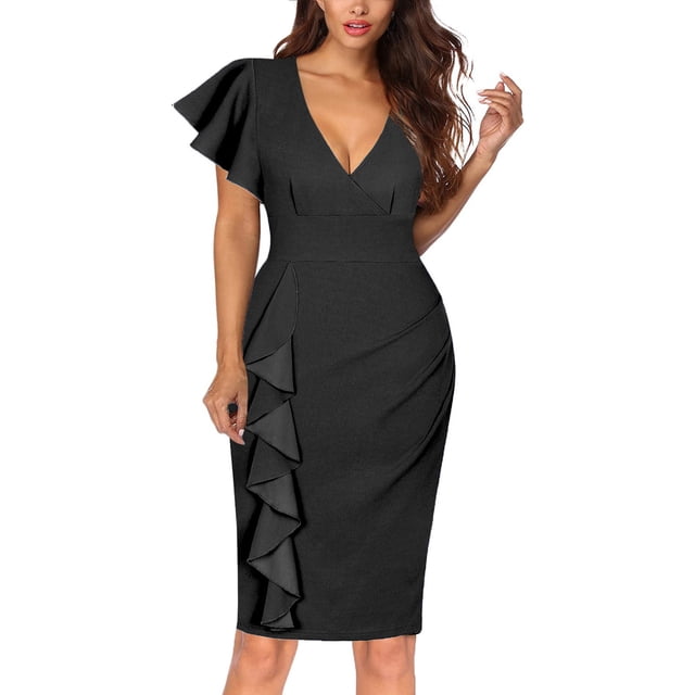 Robe Cocktail pour Femmes Aguichant à Col en V Plongeant, à Volants, à Manches Courtes, Robe Moulante Froncée, Soirée, Fête, Crayon, Midi