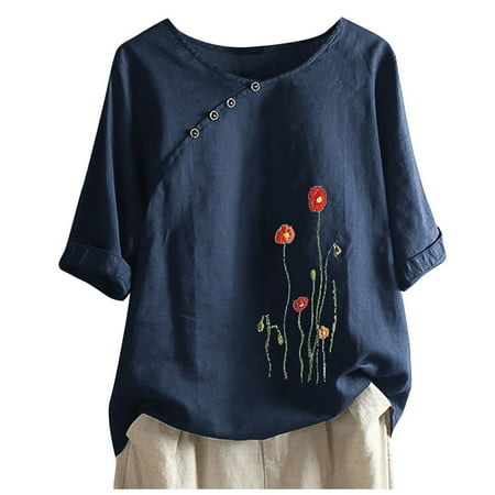 

Camp Shirts for Women Floral Print 3/4 Sleeve Cotton Linen T-Shirt Casual Plus Size Blouse Tops O-Neck Tunic Comfy Tee