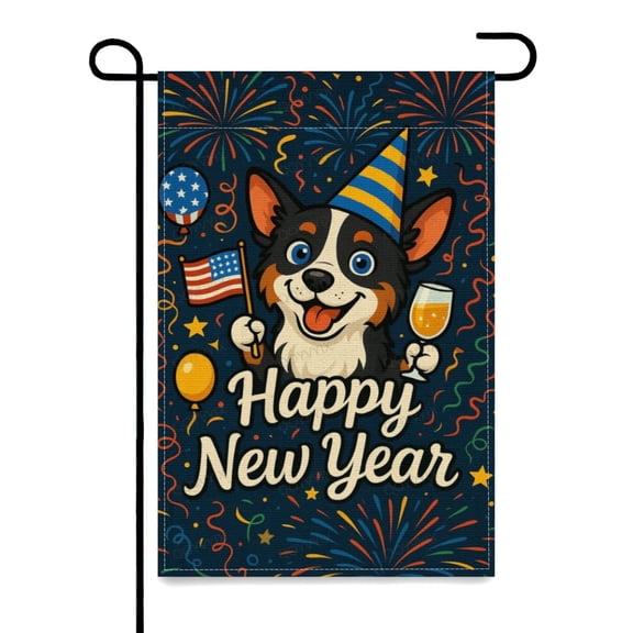 New Year Outside Yard Garden Flag 12x18 Double Sided, Highland Cow with Fireworks USA Flag Small Decor for Porch Lawn