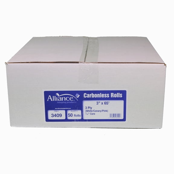 Receipt Paper Roll 3 x 65 Alliance POS carbonless, 3 Ply White/Canary/Pink, 50 roll | case, white BPA Free