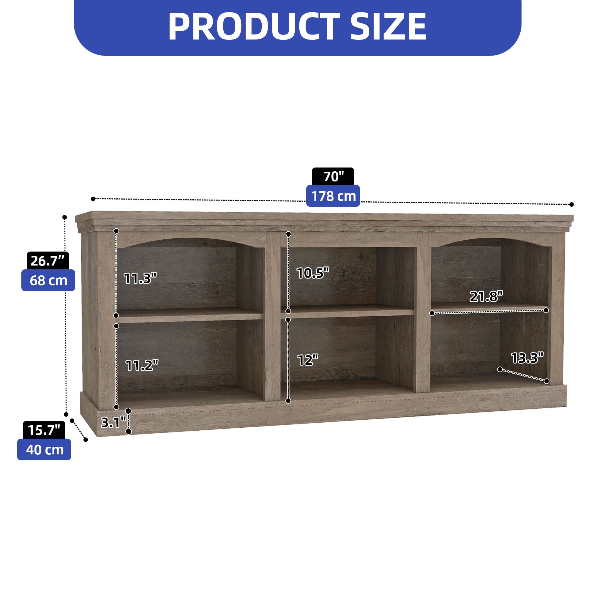ModFusion 70” Washed Ash TV Cabinet, 6-Compartment Entertainment Center with Faux Thick Top, P2 Particleboard & Density Board Media Console, Rustic Storage Stand