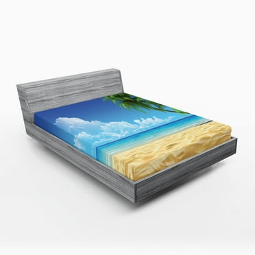 Ambesonne Palm Tree Fitted Sheet, Tropical Leaves Beach, Queen Size, Cream and Navy Green