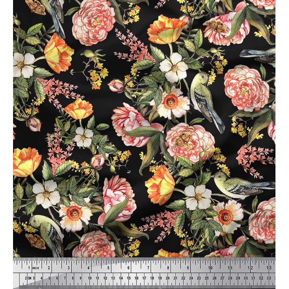 Soimoi Black Cotton Duck Fabric Leaves,Bird & Peach Floral Printed Craft Fabric by The Yard 42 Inch Wide