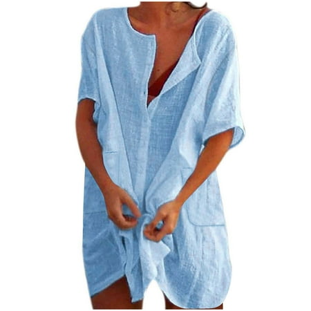 Ftwytp Women s Fashion Casual Comfort Solid Color Pocket Button Short Sleeve Round-Neck Dress 2024 Casual Cold Shoulder Dress Dresses 2024 Dress Shoes For Women Light Blue