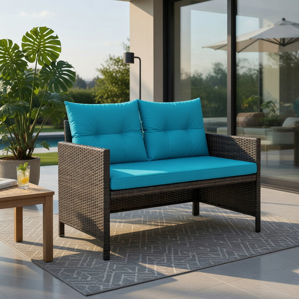 Hommoo Outdoor Wicker Patio Sofa Set, L-Shaped 3-Piece Rattan Sectional with Tempered Glass Coffee Table & Machine-Washable Cushions, Turquoise