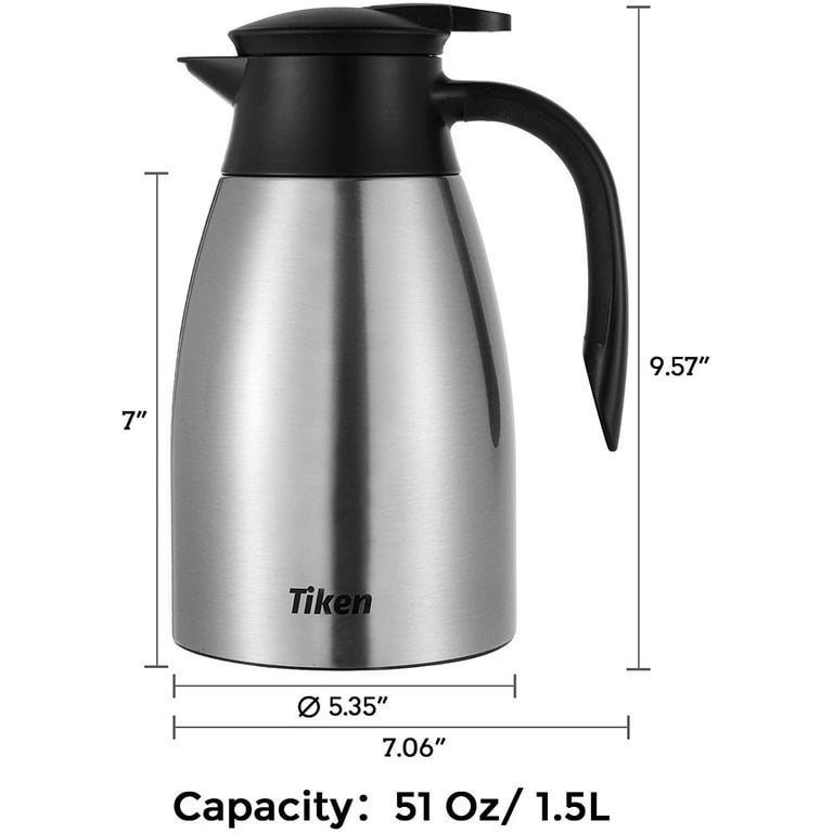 Tiken 51 oz Thermal Coffee Carafe, Stainless Steel Insulated Vacuum Coffee Carafes for Keeping Hot, 1.5 Liter Beverage Dispenser (Silver)
