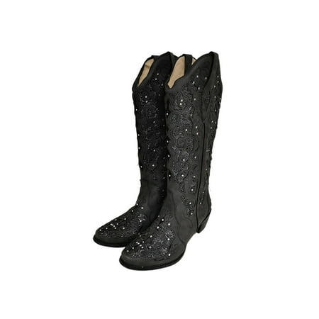 

Gomelly Womens Western Shoes Cowgirl Boots with Rhinestone Chunky Heel Knee High Bling Cowboy Boots for Party Dress Black 7