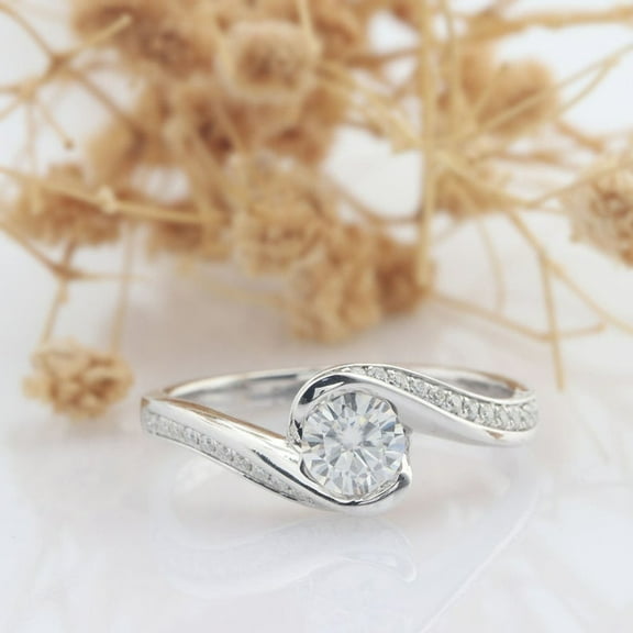 Silvago Jewel Round Cut Brilliant 1.8 Ct Diamond Ring For Women's - 14K White Gold Over Wedding Anniversary Ring - Engagement Wedding Bypass Ring For Women's - Delicate Solitaire with Accent Rings