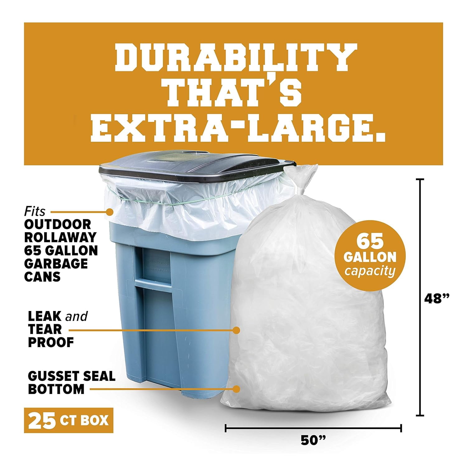 Plasticplace 65 Gallon Trash Bags , Clear Heavy Duty Garbage Bags Liners , 50” x 48” , 25 Count , Tear & Leak-Proof , Industrial Strength for Outdoor, Commercial & Residential Use Trashbags 2.7 Mil