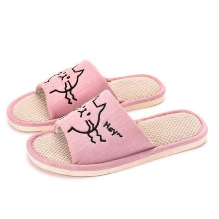 

CoCopeanut House Couples Hemp Flax Slippers Cartoon Cats Bedroom Breathable Flat Ladies Shoes Non-slip Indoor Women Hemp Cat Slides