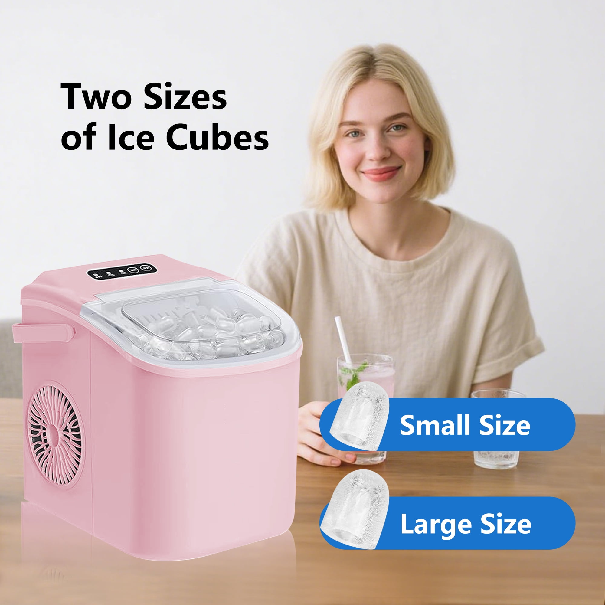 HUMSURE Countertop Ice Maker Machine with Handle, 26lbs  Per Day, 9 Ice Cubes Ready in 7 Mins, Self-Cleaning Portable Ice Maker with Basket and Scoop, for Home/Party/Kitchen/Camping/RV(Pink)