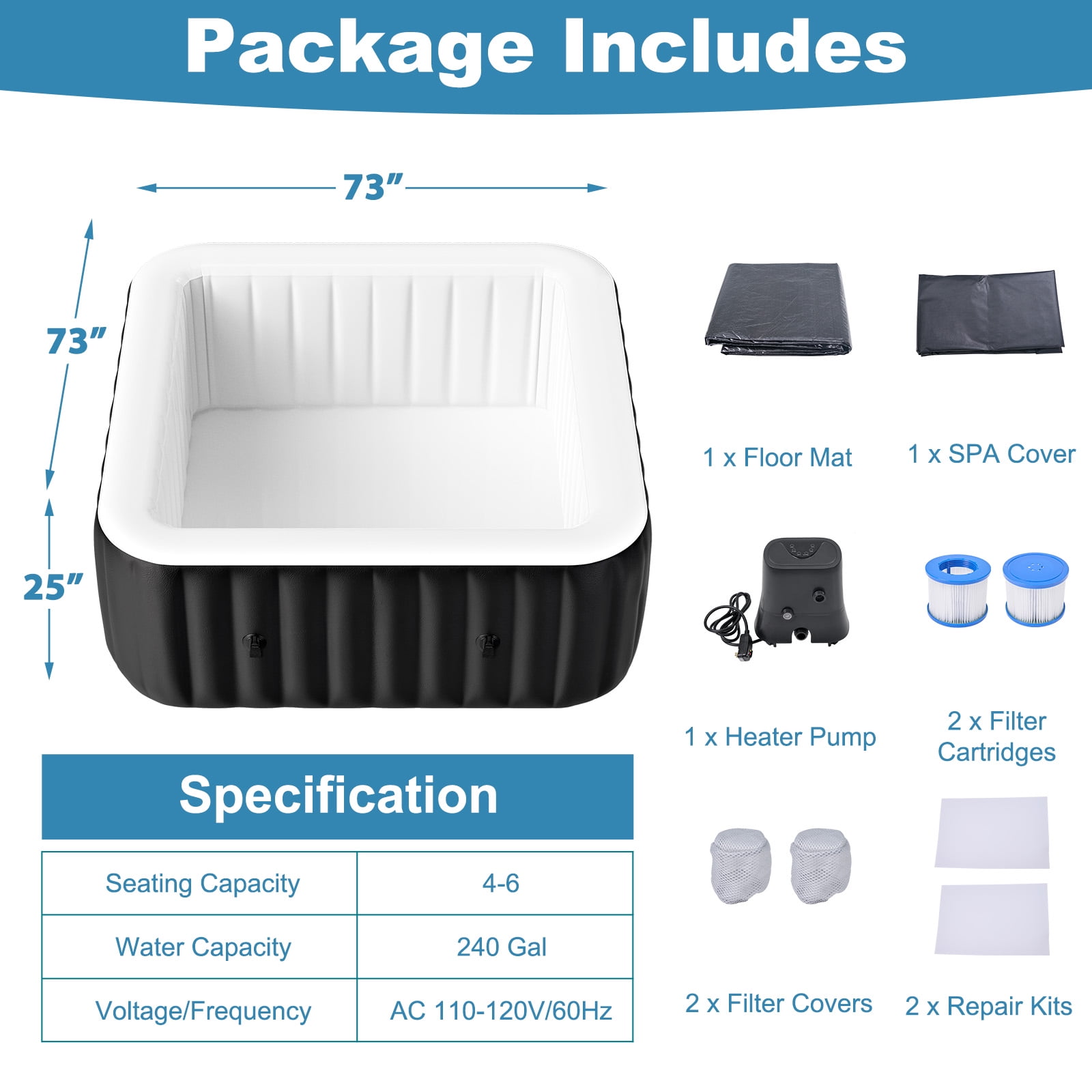 MOPHOTO Hot Tub - 73” X 73” X 25” Inflatable Hot Tub, 4-6 Person Portable Blow Up Hot Tub Square Portable Outdoor Spa with 130 Bubble Jets and Built in Heater Pump, Filter