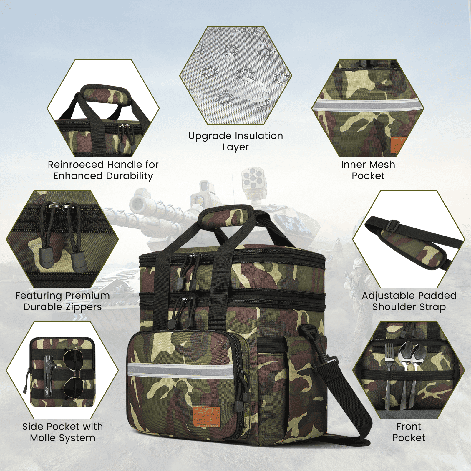 Lunch Bag for Men, 24L Expandable Insulated Lunch Box with Side Pockets, Double Deck Leakproof Cooler Tote Bag with Adjustable Shoulder Strap, 24 Can, Suit for Office/Picnic/Camping/Beach, Camo Green