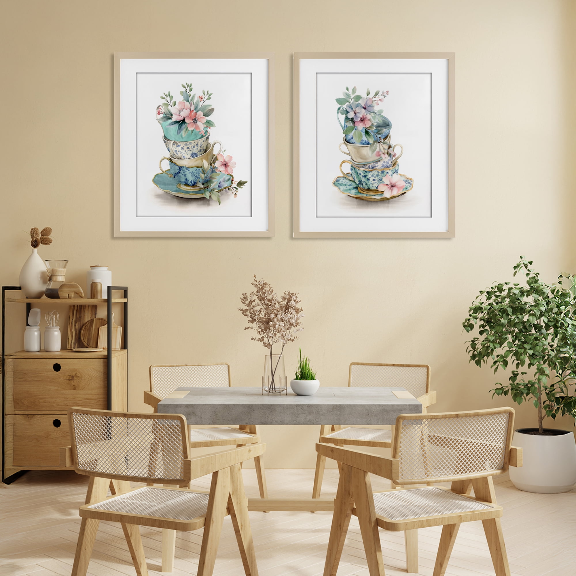 Stupell Industries Stacked Teacup Chinoiserie 2 Piece Birch Framed Print Under Glass Set, design by Kim Allen