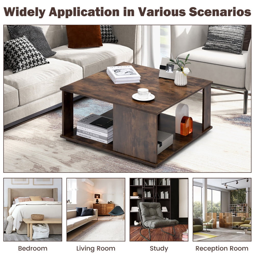 Finihen Square Coffee Table, 2 Tiers Square Coffee Table with Storage and Non-Slip Foot Pads, for Living Room, Reception Room, Rustic Brown