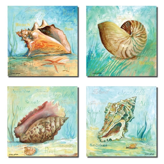 Beautiful Martime Life Seashells; Coastal Decor; Four 12 by 12-Inch Unframed Paper Posters