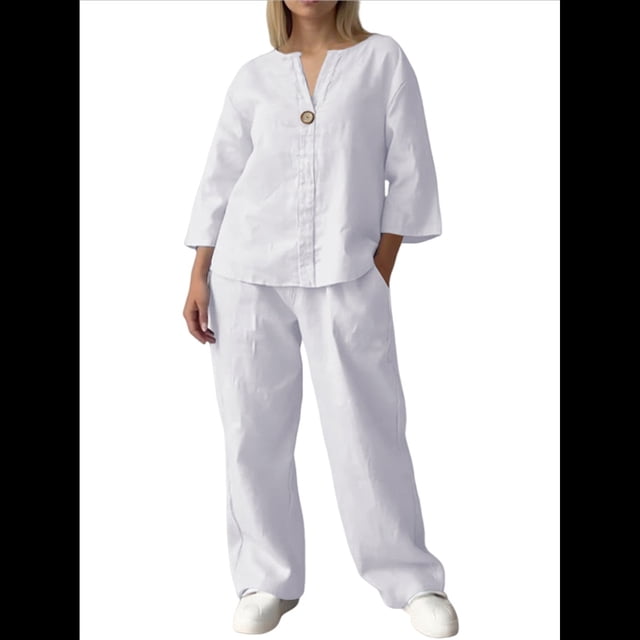 Conjunto de 2 Piezas de y Algodón para Mujer, con Cuello en V, Camisa de Larga Abotonada y Pantalón con Bolsillos XL