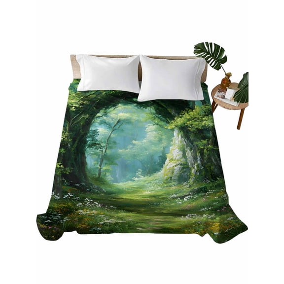 Full Flat Sheet 81"x96", Forest Soft Lightweight Bedding Flat Sheets Only, Nature Green Tree Spring Scenic Woodland Brushed Microfiber Top Bed Sheet, Breathable StainResistant Bedsheets