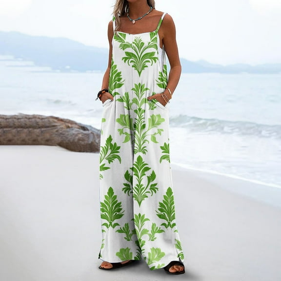 Sakmal Beach Womens Jumpsuit Summer Tropical Wide Leg Hawaiian Overalls Full Sleeveless Green Square Neck Pants for Women