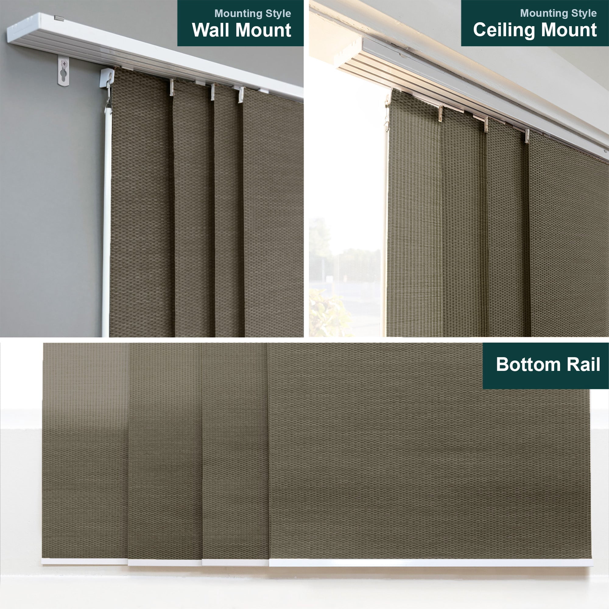 Chicology Adjustable Sliding Panel Blinds. Woven Oolong, 46"-86"W X 0"-96"H