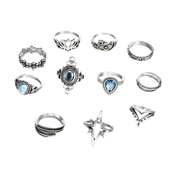 Juego de 11 anillos huecos con forma geométrica de estrella antigua vintage en plata para mujer Juego de anillos apilables retro en plata Anillos de plata de moda para chicas adolescentes