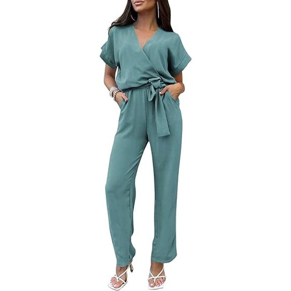 PRETTYGARDEN Women's One Piece Jumpsuits Dressy Casual Summer Short Sleeve Wrap V Neck Belted Wide Leg Pants Romper