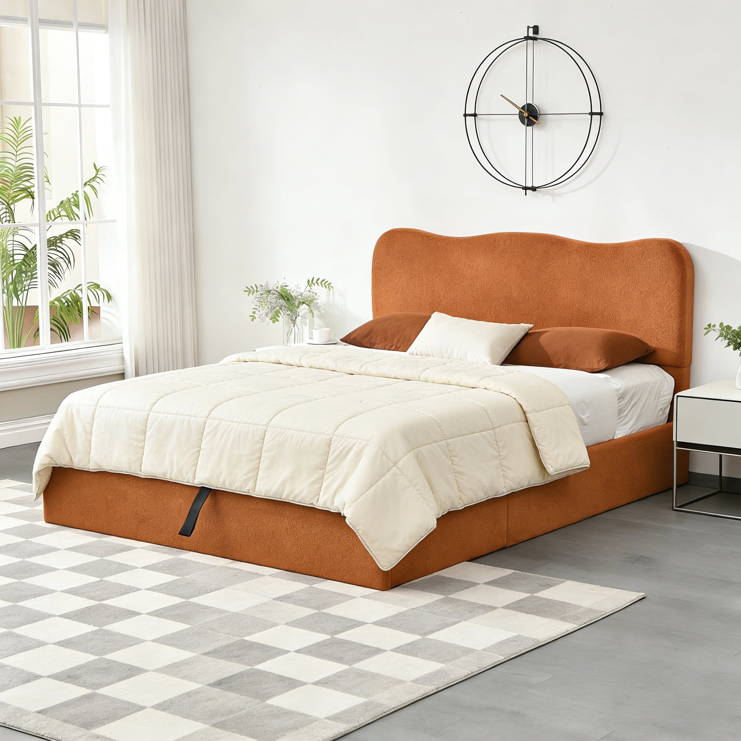 Full Size Bed Frame with Lift Up Storage, Boucle Upholstered Platform Bed with Curved Headboard, No Box Spring Needed, Hydraulic Storage, Brown