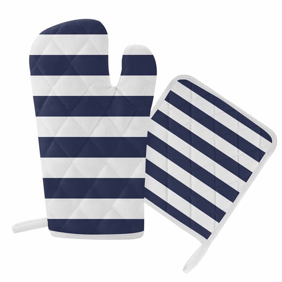 Oven Mitts and Pot Holder Set for Kitchen, Classical Nautical Stripe Kitchen Oven Gloves Heat Resistance Non-Slip Surface Potholders Navy Blue Hot Pads Sets for Cooking Baking Grilling BBQ