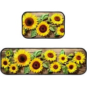 TsingZa Kitchen Rug Set Anti Fatigue Standing Mat 2 Piece Sunflower Vintage Board, Non-Slip Kitchen Floor Mat, Absorbent Runner Carpets for Sink (18”x58”+18”x29”)
