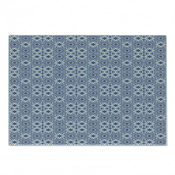 Moroccan Cutting Board, Portuguese Tiles Squares Grid Style Pattern Oriental Motif, Decorative Tempered Glass Cutting and Serving Board, Small Size, Violet Blue Orange White, by Ambesonne