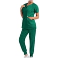 thumbnail image 2 of DPTALR Femmes Pantalon Ample Uni à Multiples Poches Uniforme d'Infirmière à Manches Courtes avec Fermeture Éclair Ensemble à Col en V, 2 of 6