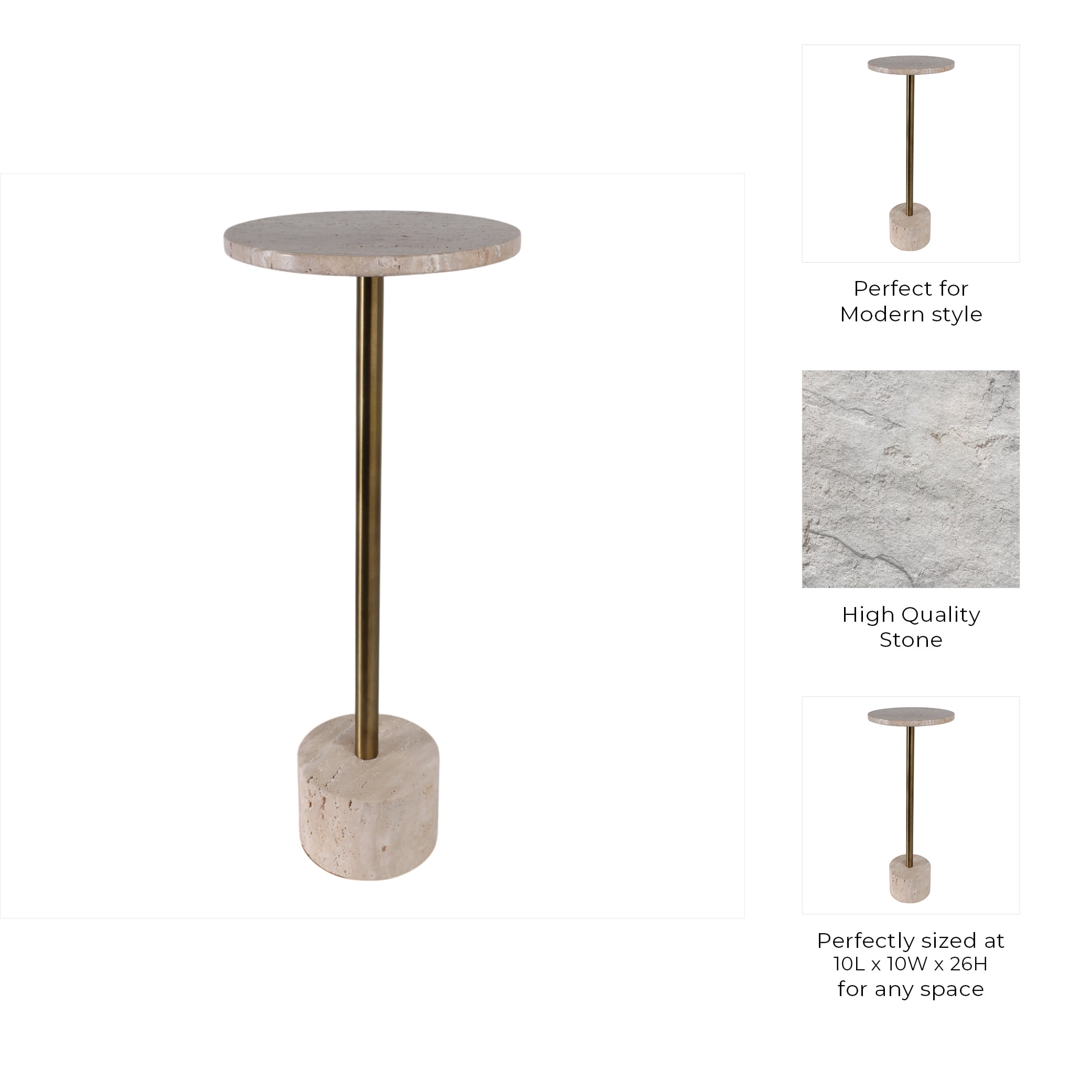 Travertine Accent Table for Home Decor - Modern Side End Table for Living Room - Decorative Drink Table for Bedroom and Office Spaces - 26", Gold