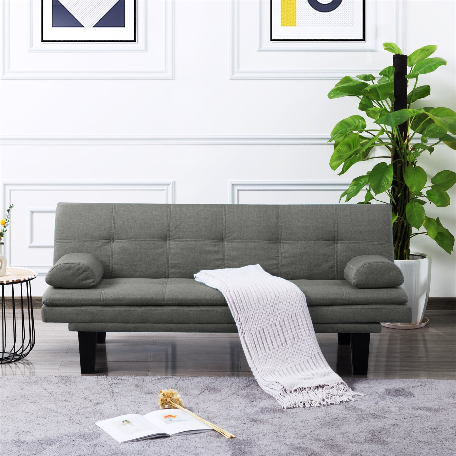 Kadyn 63.4" Futon Sofa bed, Polyester Upholstered Sofa Futon with 2 arm cushions, Modern Futon Sofa for apartment, Dark Grey Kadyn 63.4" Futon Sofa bed, Polyester Upholstered Sofa Futon with 2 arm cushions, Modern Futon Sofa for apartment, Dark Grey