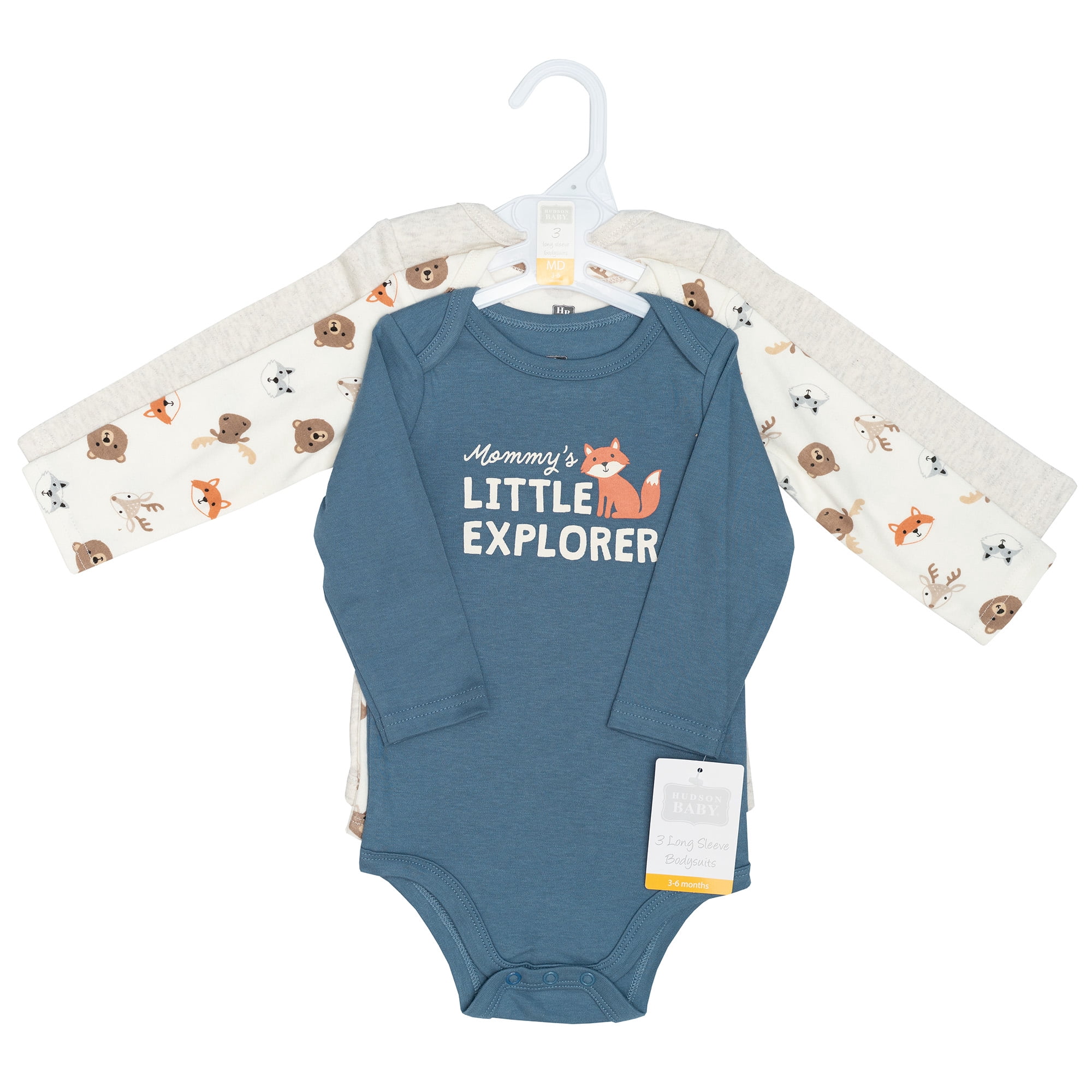 Hudson Baby Infant Boys Cotton Long-Sleeve Bodysuits 3-Pack, Cute Woodland, 6-9 Months