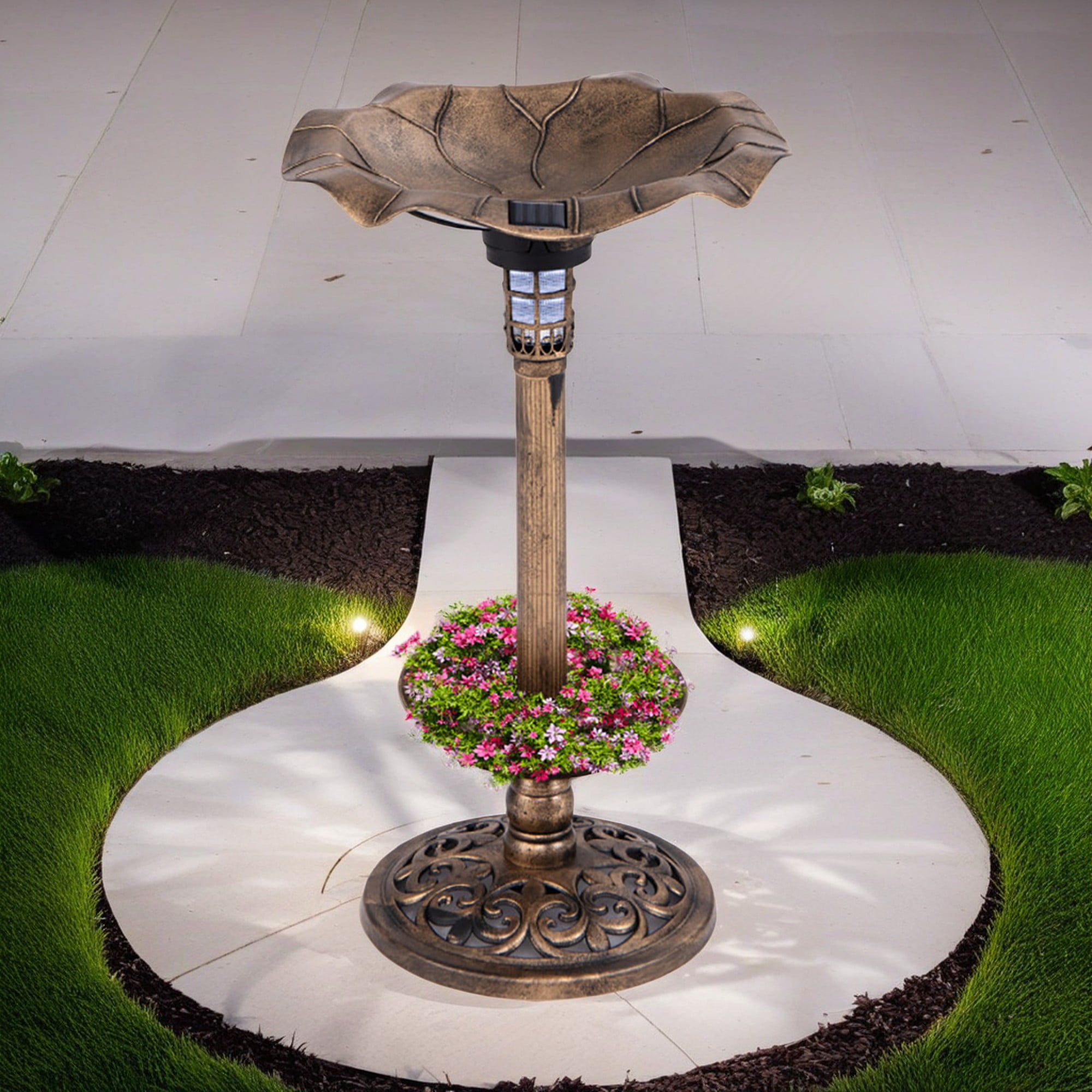 resenkos 30" Outdoor Garden Bird Bath with Solar Light, Weather Resistant Pedestal, Backyard Bird Feeder and Flower Planter, Brown